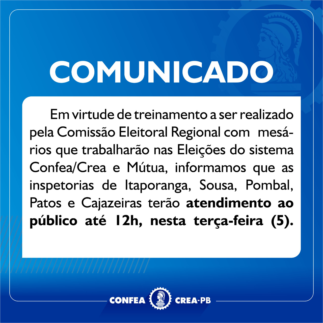 Comunicado: Inspetorias atenderão até as 12h, nesta terça-feira (5)