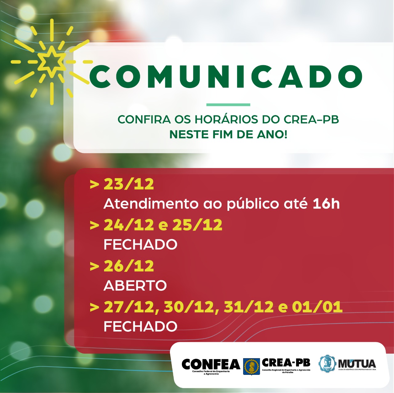Confira os horários de fim de ano do Crea-PB