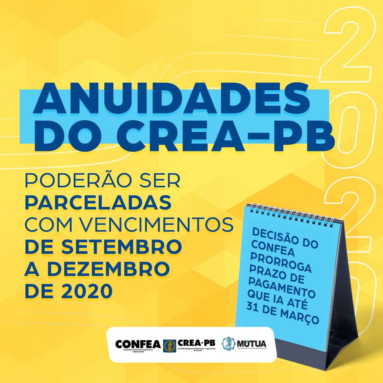 Anuidades poderão ser parceladas com vencimentos de setembro a dezembro de 2020