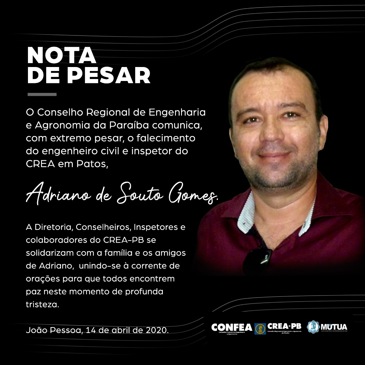 Nota de Pesar: Eng. Civil Adriano de Souto Gomes, inspetor do Crea em Patos, faleceu nesta segunda-feira (13)