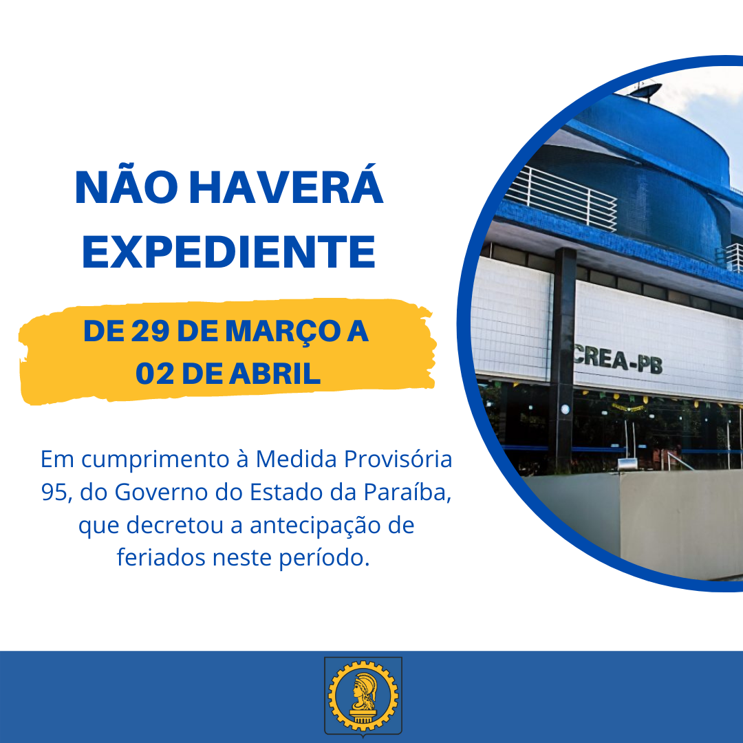 Não haverá expediente de 29 de março a 02 de abril