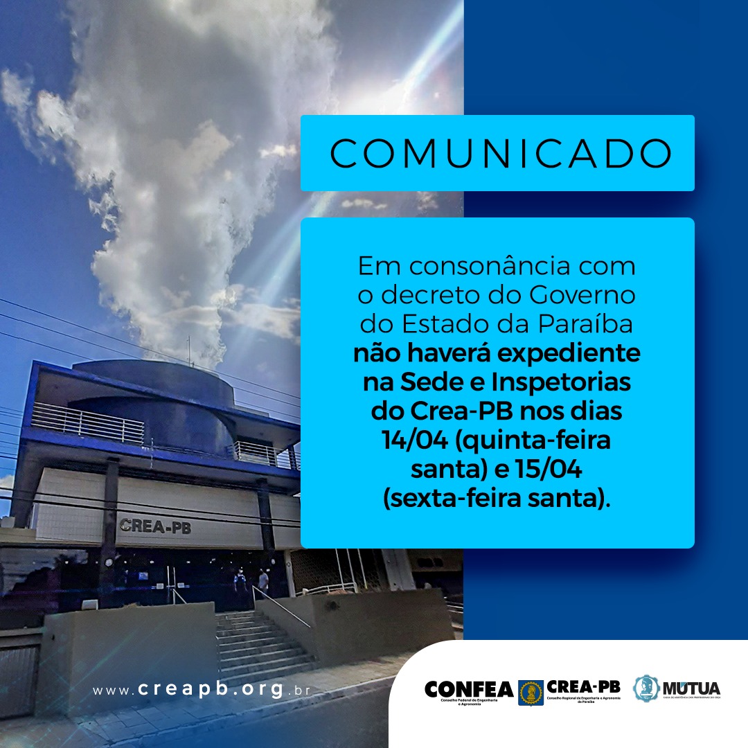 Aviso: Crea-PB fecha nesta quinta e sexta-feira