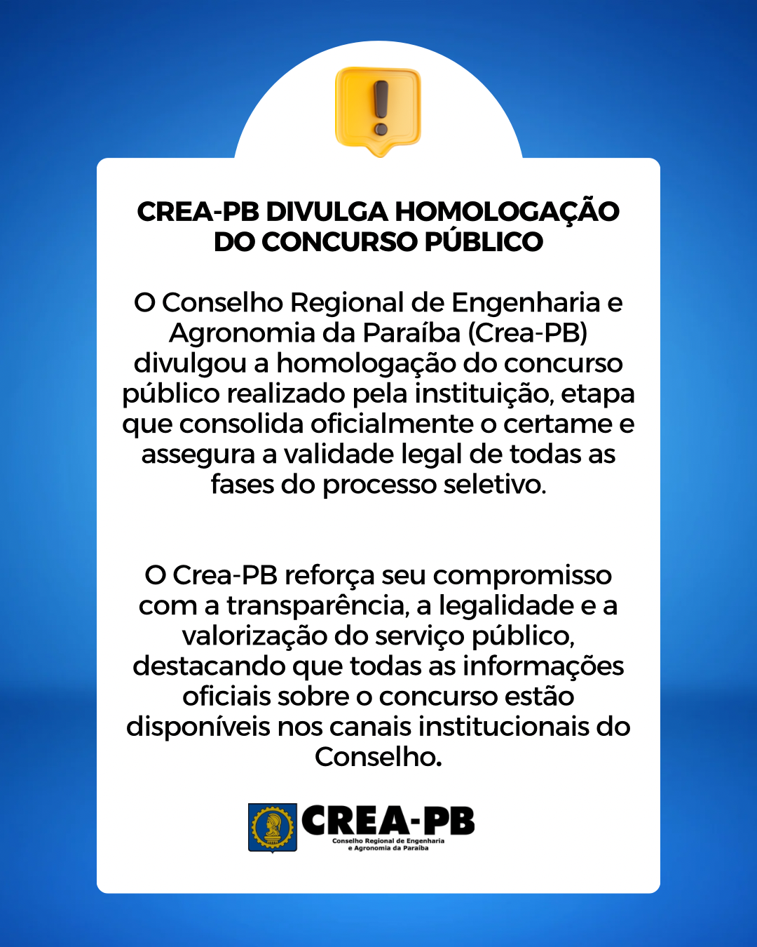Crea-PB divulga homologação do concurso público no dia 23 de Dezembro