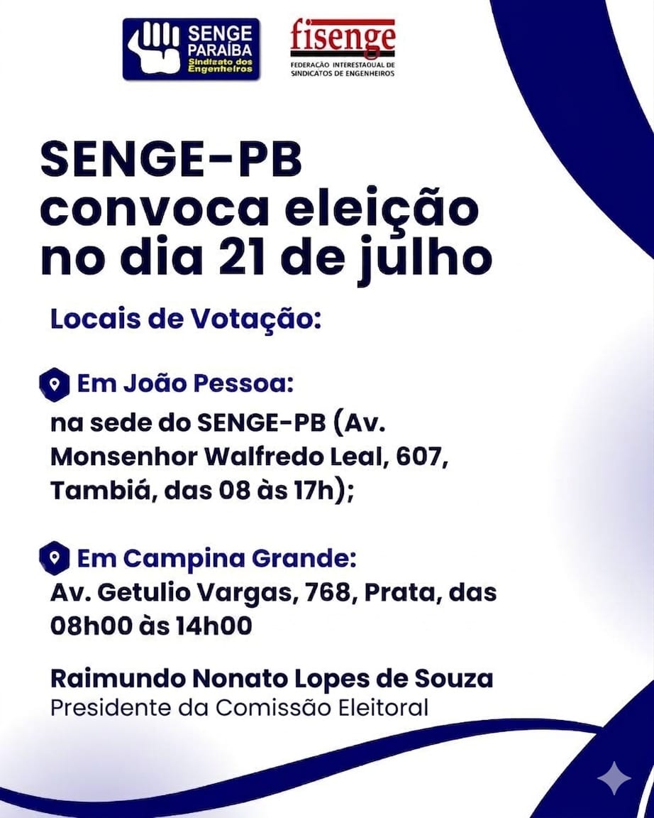 SENGE-PB convoca eleições para o biênio 2026-2028 no dia 21 de julho
